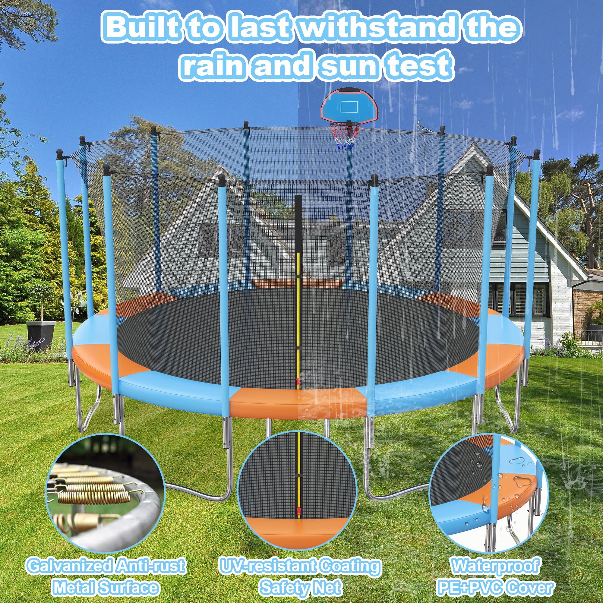 Trampoline for Adults and Kids with Safety Enclosure , 16ft SEGMART Upgrade Outdoor Trampoline with Basketball Hoop and LED Lights, Heavy Duty Round Trampoline with Ladder and Sprinkler for Outdoor
