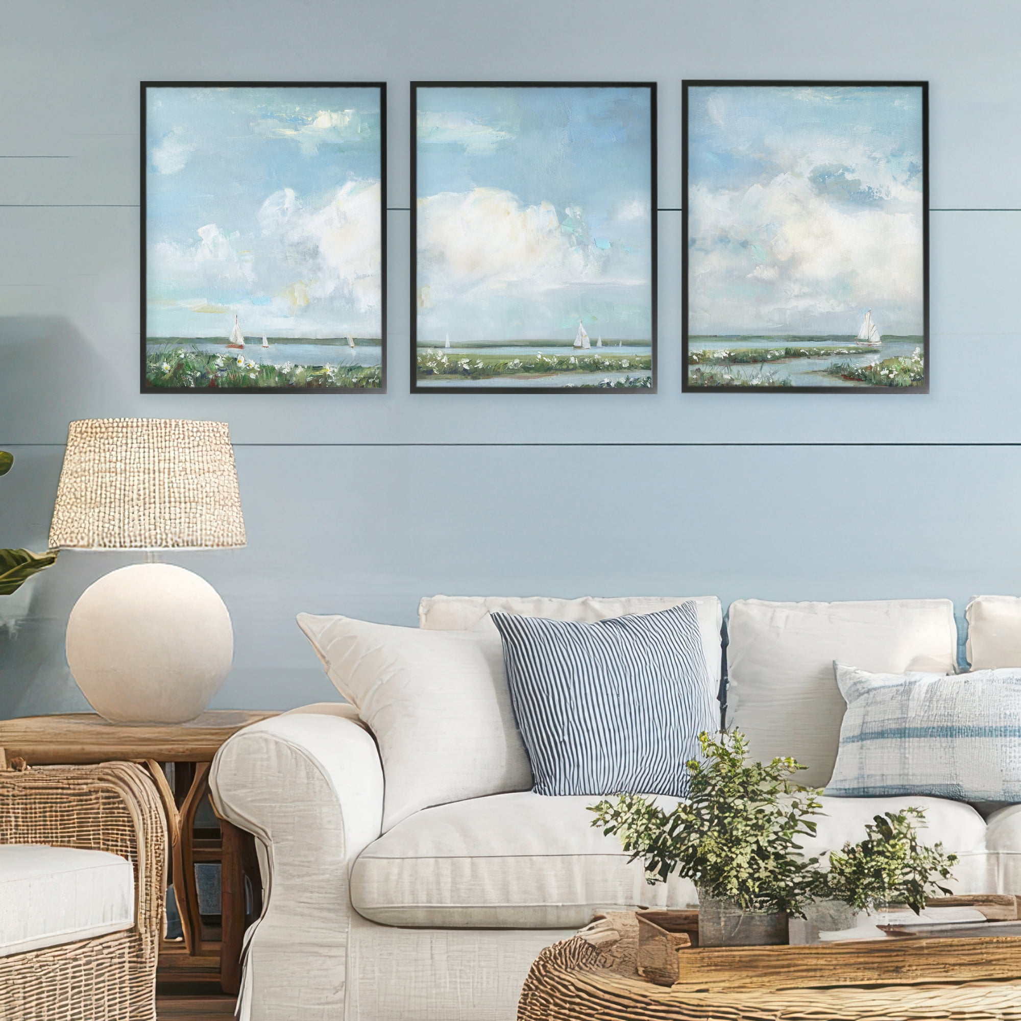 Stupell Industries Daisies Along Calm Coastline 3 Piece Black Framed Giclee Art Set, design by Sally Swatland