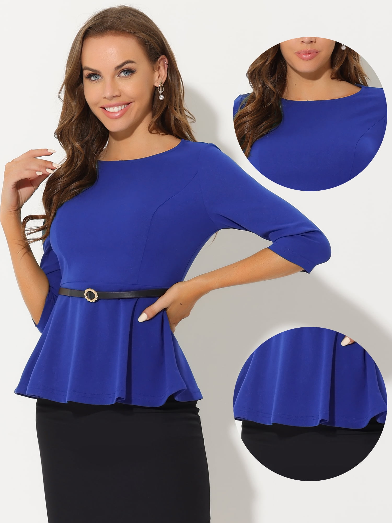 DARING DIVA 3/4 Sleeve Elegant Work Peplum Top XS Black M Blue