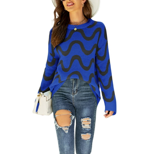 SUNSIOM Women Loose Knit Sweater Wave Jacquard Contrast Color Long Sleeve Pullovers Spring Fall Crew Neck Jumpers Streetwear