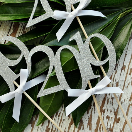 Silver 2019 Graduation Centerpiece Sticks with Bows. (3 Single - 2019 Wands). Graduation Centerpiece. 2019
