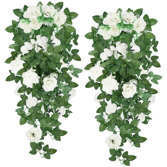 YOLETO Fake Hanging Flowers Plants, 2 Packs Artificial Flower Garlands for Decoration, Lush Floral Garland Decor Hanging Rose Vines for Bedroom, Party, Arch and Backdrop (White)
