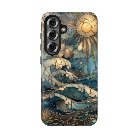 Ocean Wave Stained Glass Tough Phone Case Compatible with Galaxy S21, S22, S23, S24, S25 and S26 Series, Coastal Art Protective Cover