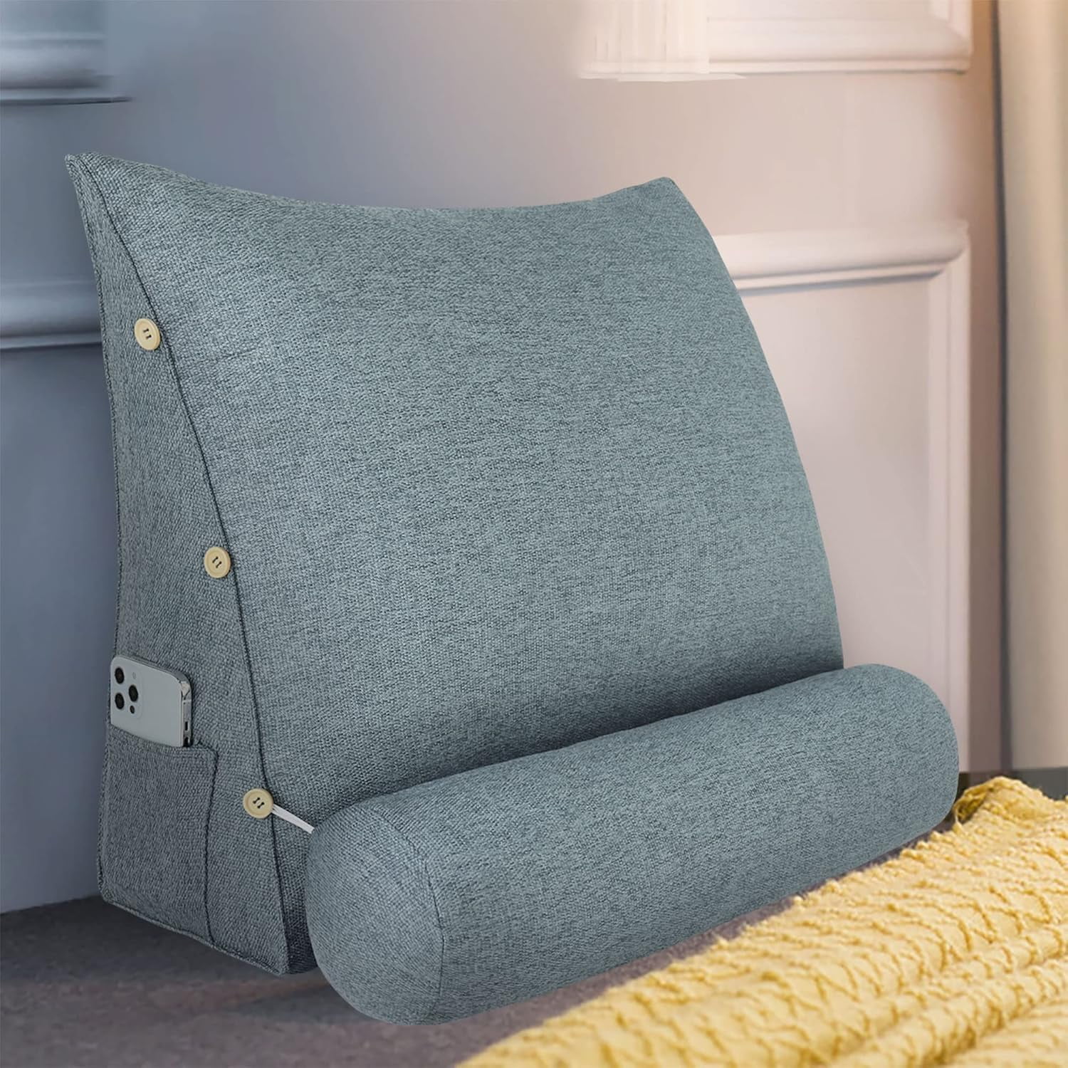 Reading Pillow for Adults Linen Back Pillow for Bed Sitting Up Wedge Pillow with Removable Washable Cover for Reading, Watching TV and Relaxing, Grey