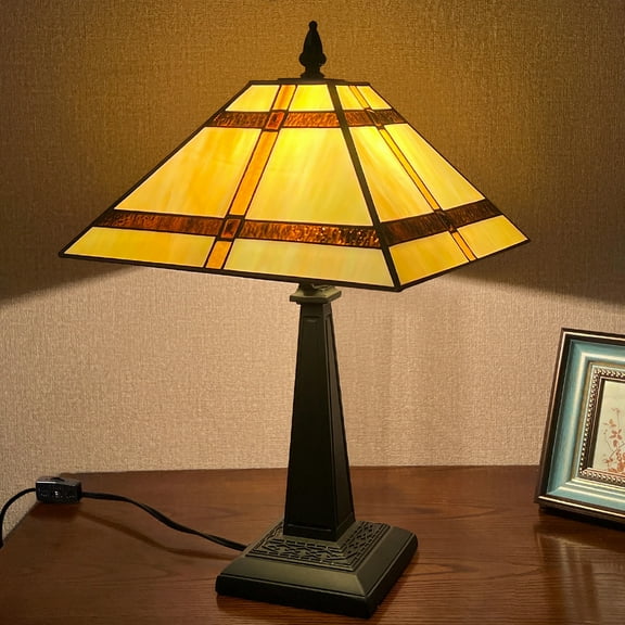 Tiffany Table Lamp Amber Stained Glass Table Light,Antique Style Medium Size Desk Lamp Vintage Beside Reading Lamp for Living Room Bedroom Office
