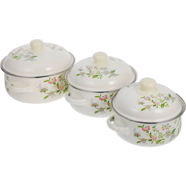 REOFLYUP 3Pcs Retro Enamelware Small Stock Pots with Lid Beige Floral Pattern for Home