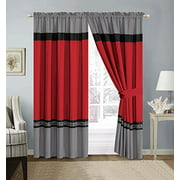 GrandLinen 4 Piece Red/Grey/Black/White Scroll Embroidery Microfiber Curtain Set 108 inch Wide X 84 inch Long (2 Window Panels, 2 Ties)