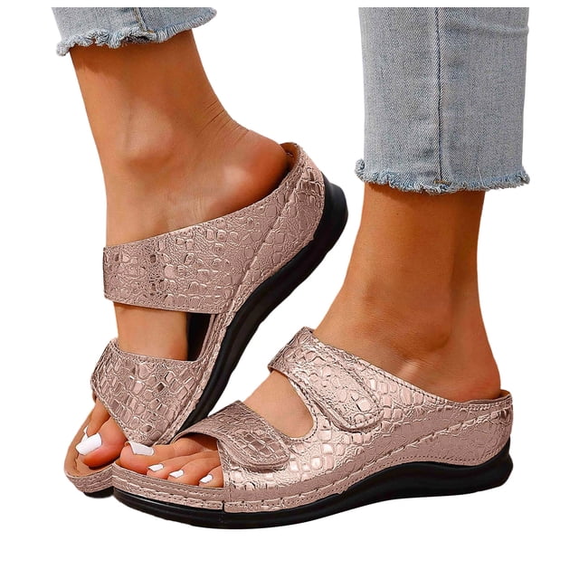 Slip On Wedge Slides for Women Comfortable Glitter Mules Non Slip Platform Sandals Lightweight Open Toe Retro Beach Shoes Gold Size 8