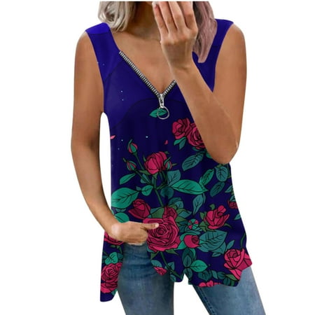 

YFPWM Women Blouses and Tops Fashion Party Clubwear Tops Floral Smocked Tops Business Office Top Plus Size Corset Top Zipper Neck Summer Sleeveless Blouse Print Tops