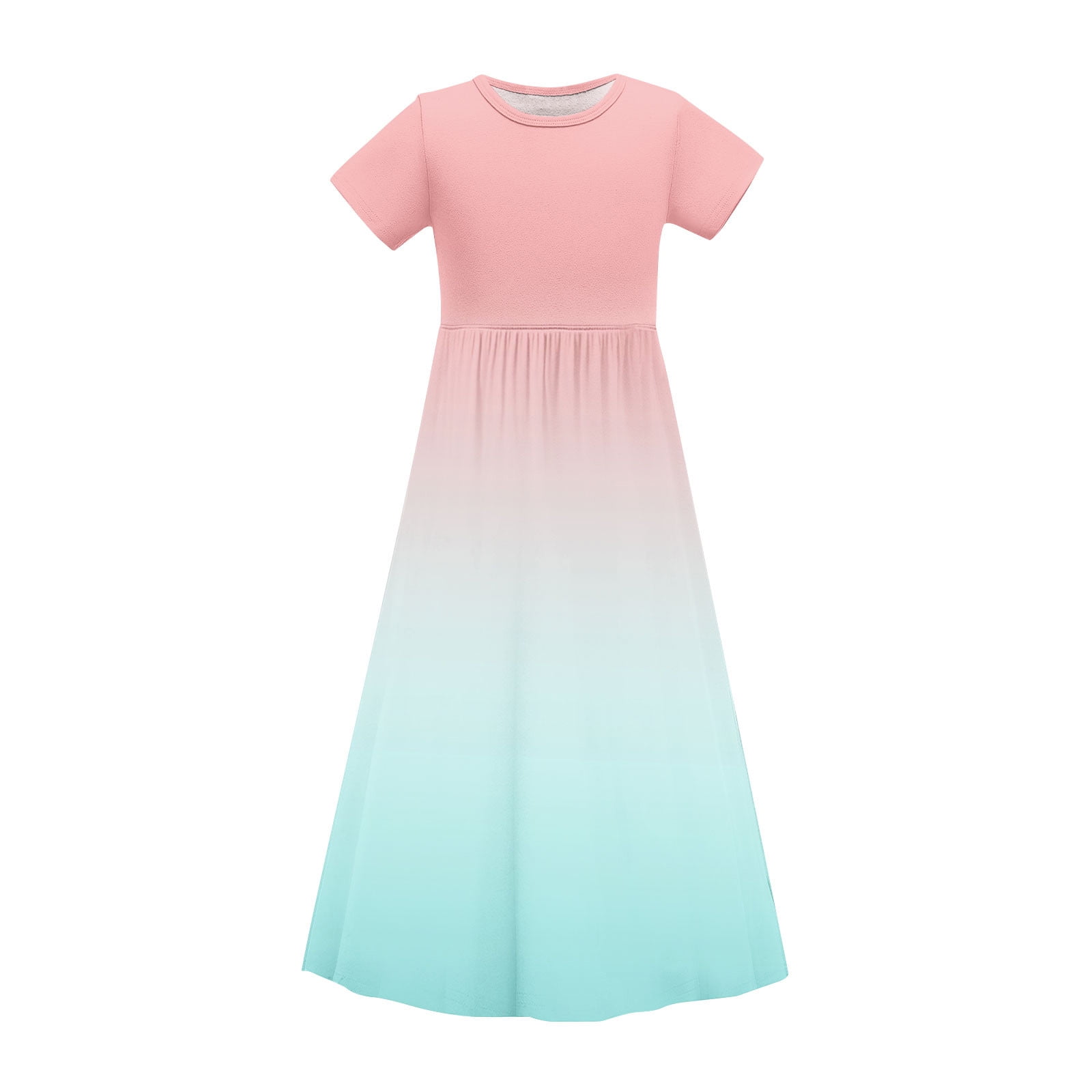 Short Sleeve Dresses for Girls with Pockets 4-14Y Teens Kids Trendy Crew Neck High Waisted Gradient Printed Beach A-Line Maxi Dress