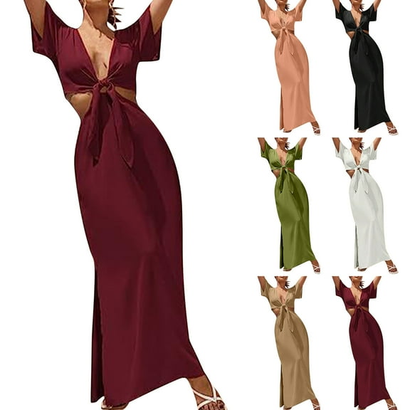 Elainilye Fashion Wedding Dresses for Women Casual Short Sleeve Long Dress Banquet Evening Dress Prom Dress,Brown