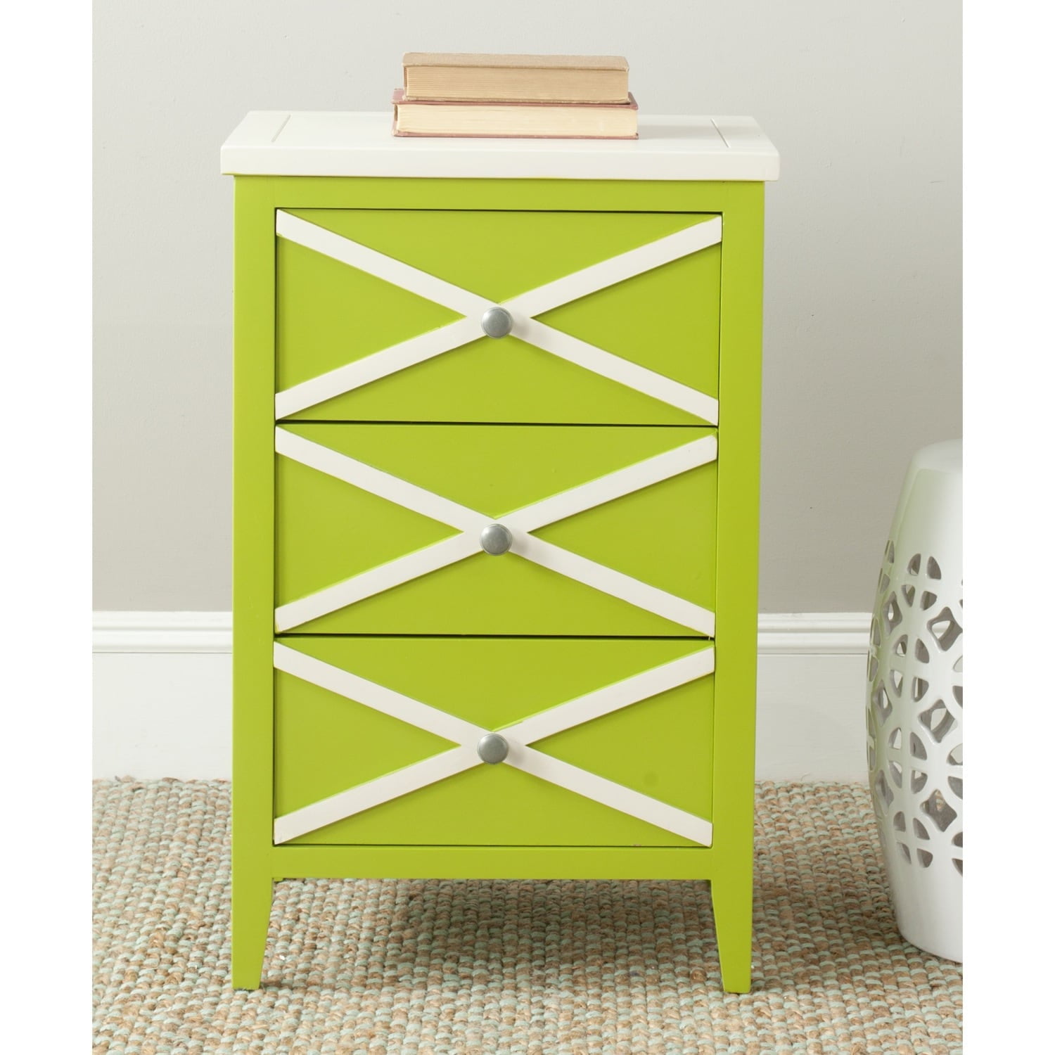 Safavieh Sherrilyn Lime Green Cream Storage 3 Drawer Side Table