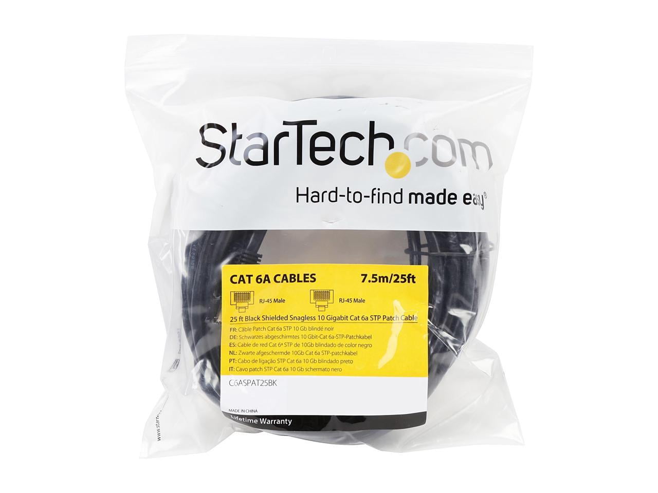StarTech 25ft CAT6a Ethernet Cable - 10 Gigabit Shielded Snagless RJ45 100W PoE Patch Cord - 10GbE STP Network Cable with Strain Relief - Black - UL, TIA (C6ASPAT25BK)