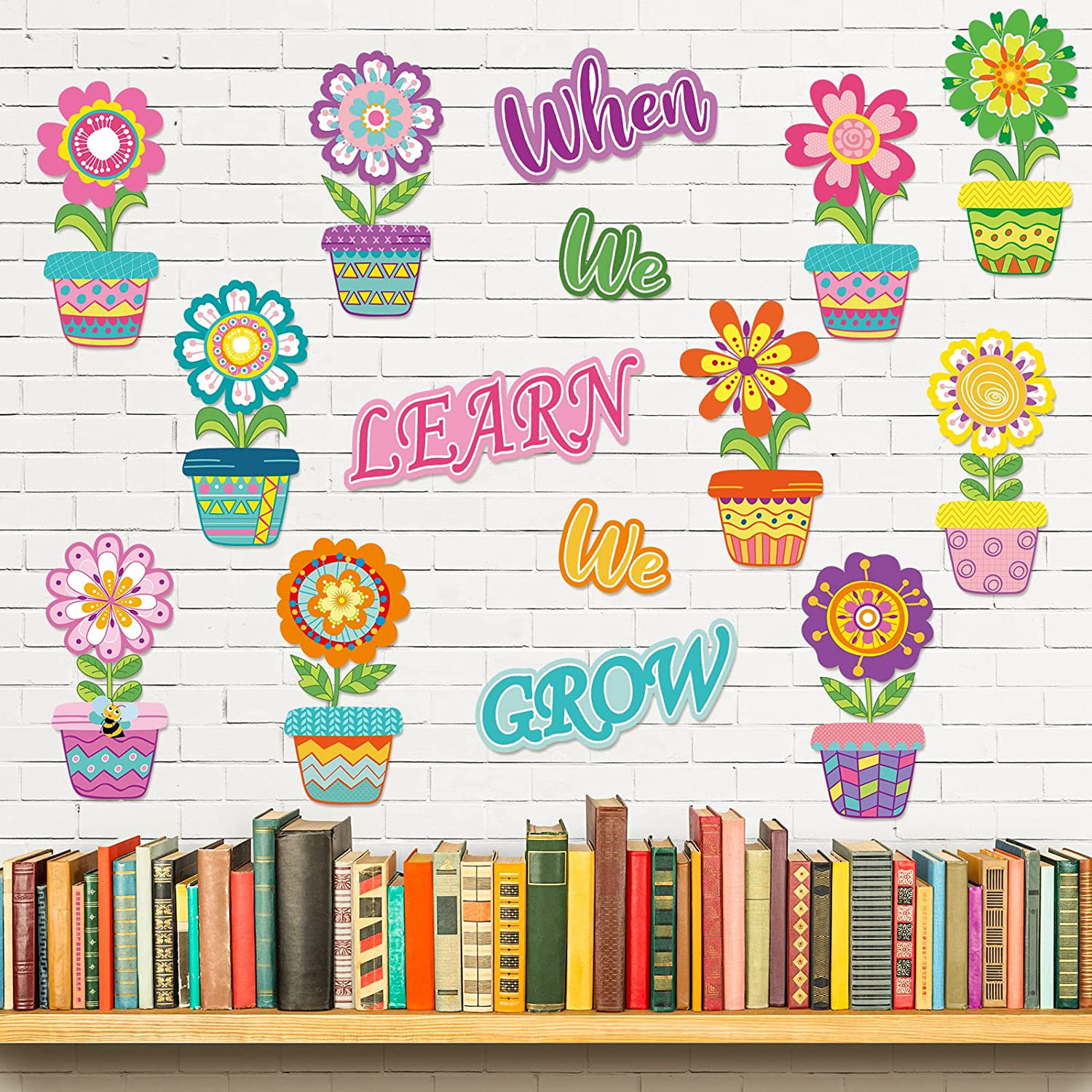 45Pcs Colorful Spring Summer Flowers Cut-Outs Potted Flowers Cut Outs with 100Pcs Glue Points When We Learn We Grow Paper Cut-Outs Bulletin Board Decoration for School Classroom Game Party Supplies 