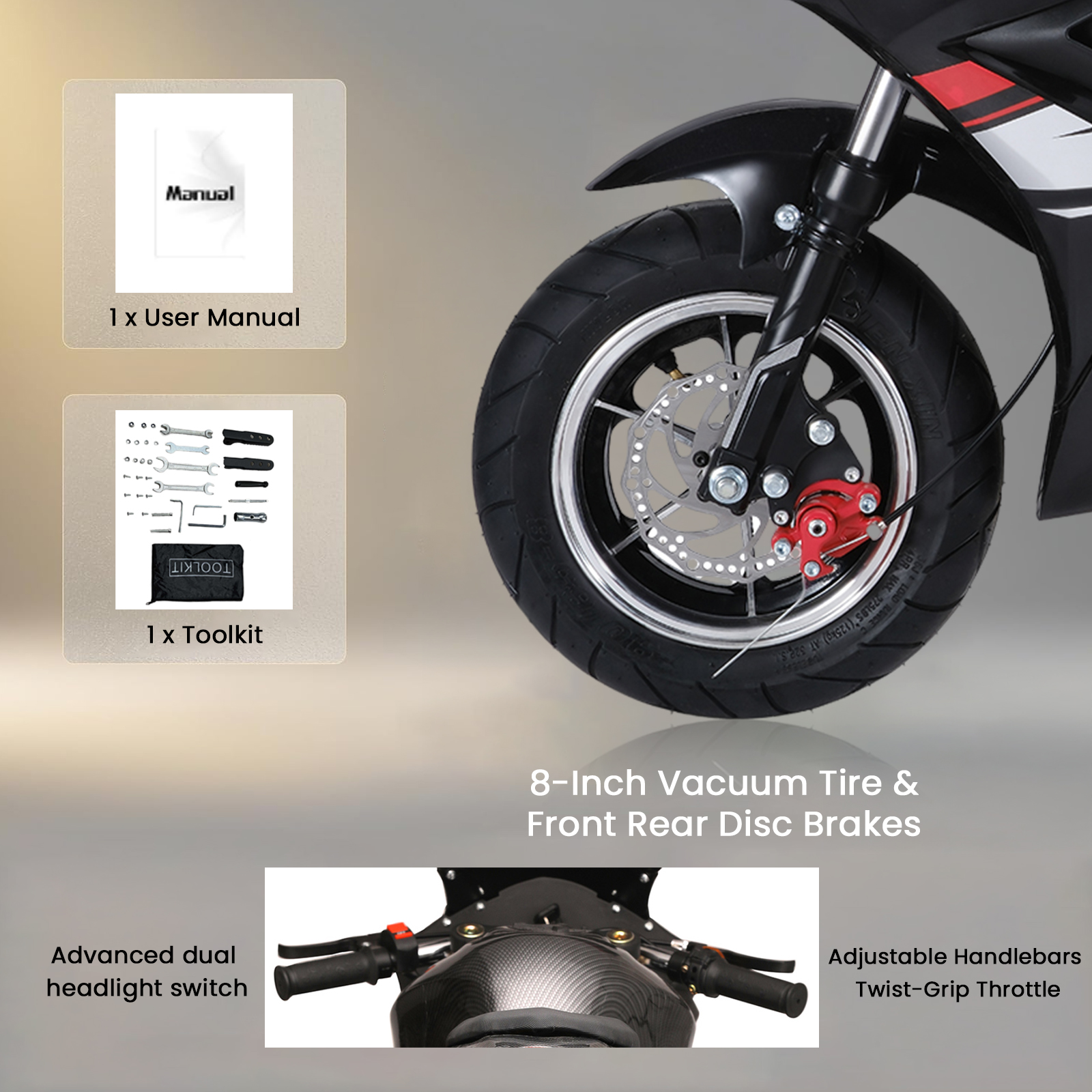 Pocket Rocket Motorcycle - 49cc 4-Stroke Gas with 8" Wheels, Front & Rear Disc Brakes & Headlights