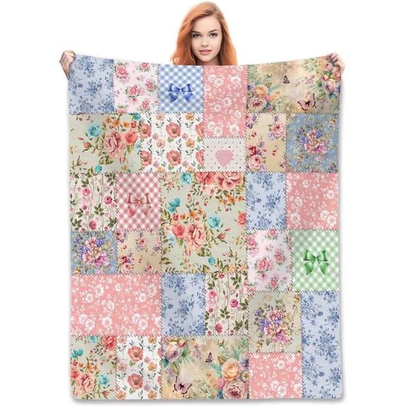 Patchwork Floral Throw Blanket, Boho Vintage Spring Flower Colorful Pink Retro Pattern Stitching Bohemian Fleece Fuzzy Fannel Blanket for Sofa Bed Chair Couch Bedroom Living Room Gifts, 40"x50" Inch