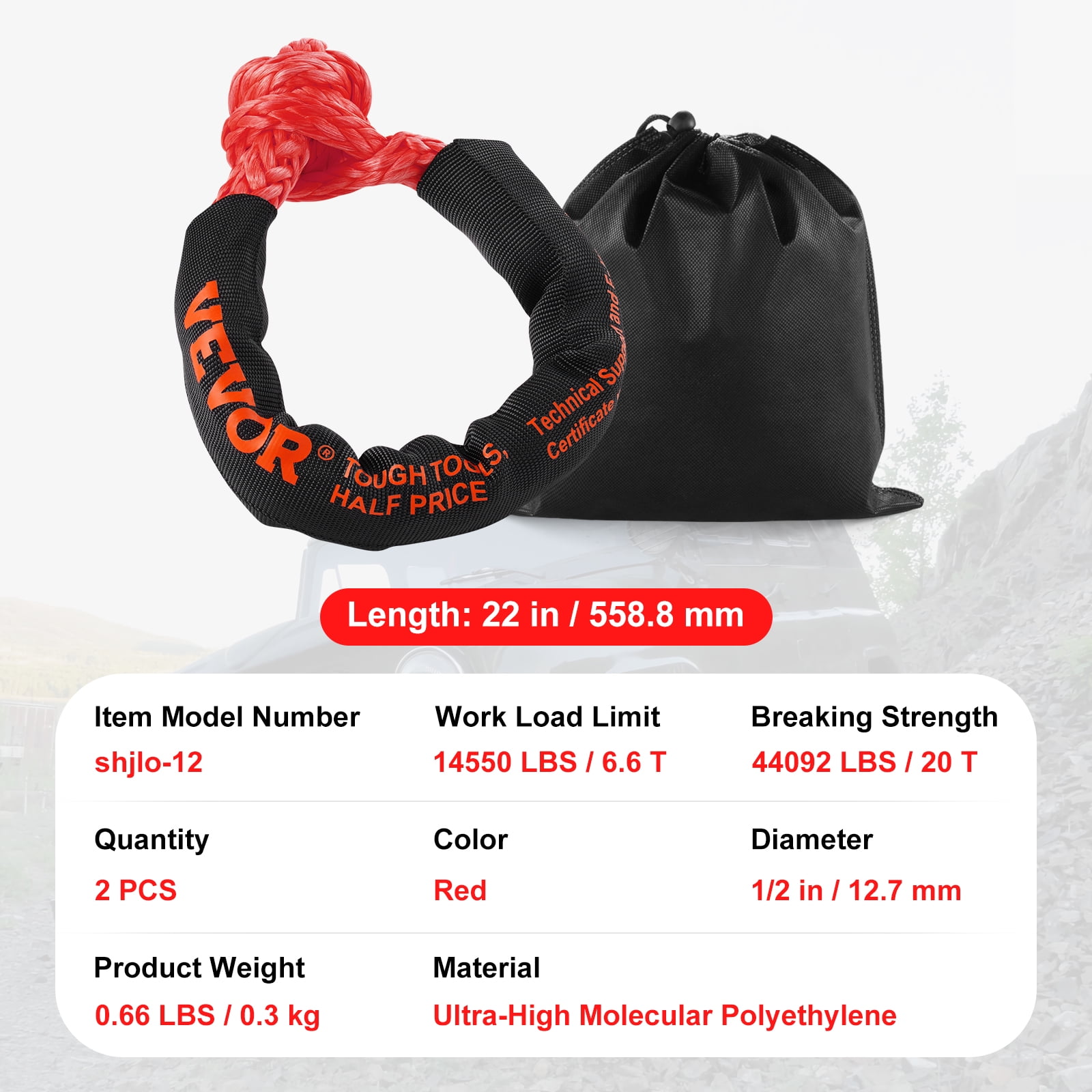 VEVOR Synthetic Soft Shackle, 1/2" x 22" (2 Pack) 44092 lbs (20 Ton) Breaking Strength Recovery Tow Shackles with Extra 2 Sleeves & Storage Bag for UTV, ATV, Trucks, Jeep, Off-Road Vehicles, Red