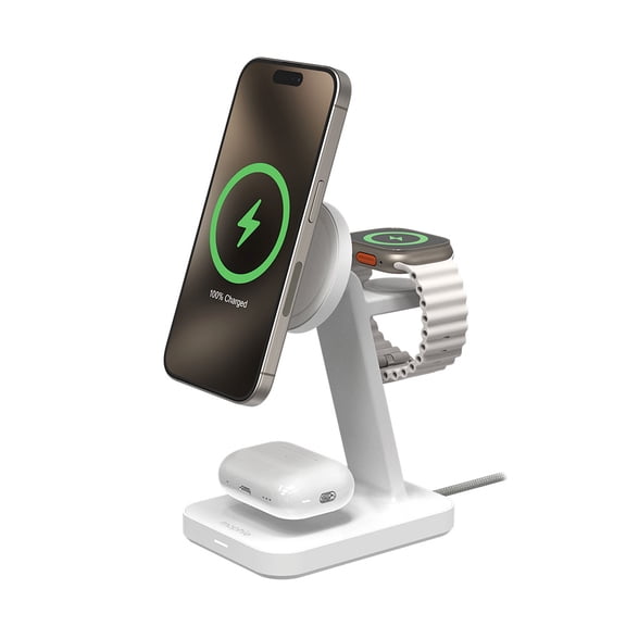 mophie Snap 3-in-1 Wireless Charging Stand - MagSafe & Qi2 Certified Compatible with iPhone 16/15/14/13/12 Apple Watch AirPods - Multi-Device Magnetic Charging Station Eco-Friendly Design White