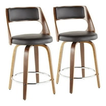 Cecina Mid-Century Modern Counter Stool With Swivel In Walnut And Brown Faux Leather - Set Of 2