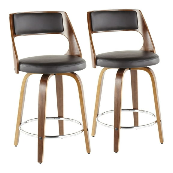 Cecina Mid-Century Modern Counter Stool With Swivel In Walnut And Brown Faux Leather - Set Of 2