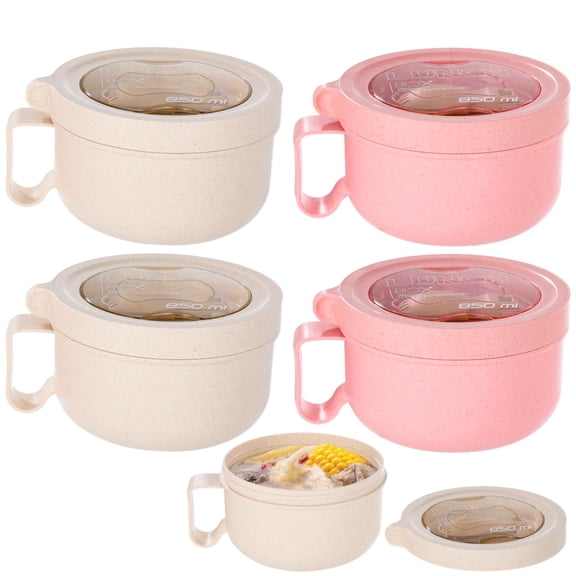 4 Pack Soup Bowls with Lids – Microwave-Safe Wheat Straw Dinnerware Set, Easy-Clean Bowls with Handles & Leak-Proof Lids, Perfect for Dorms, Quick Meals & On-the-Go, Beige & Pink
