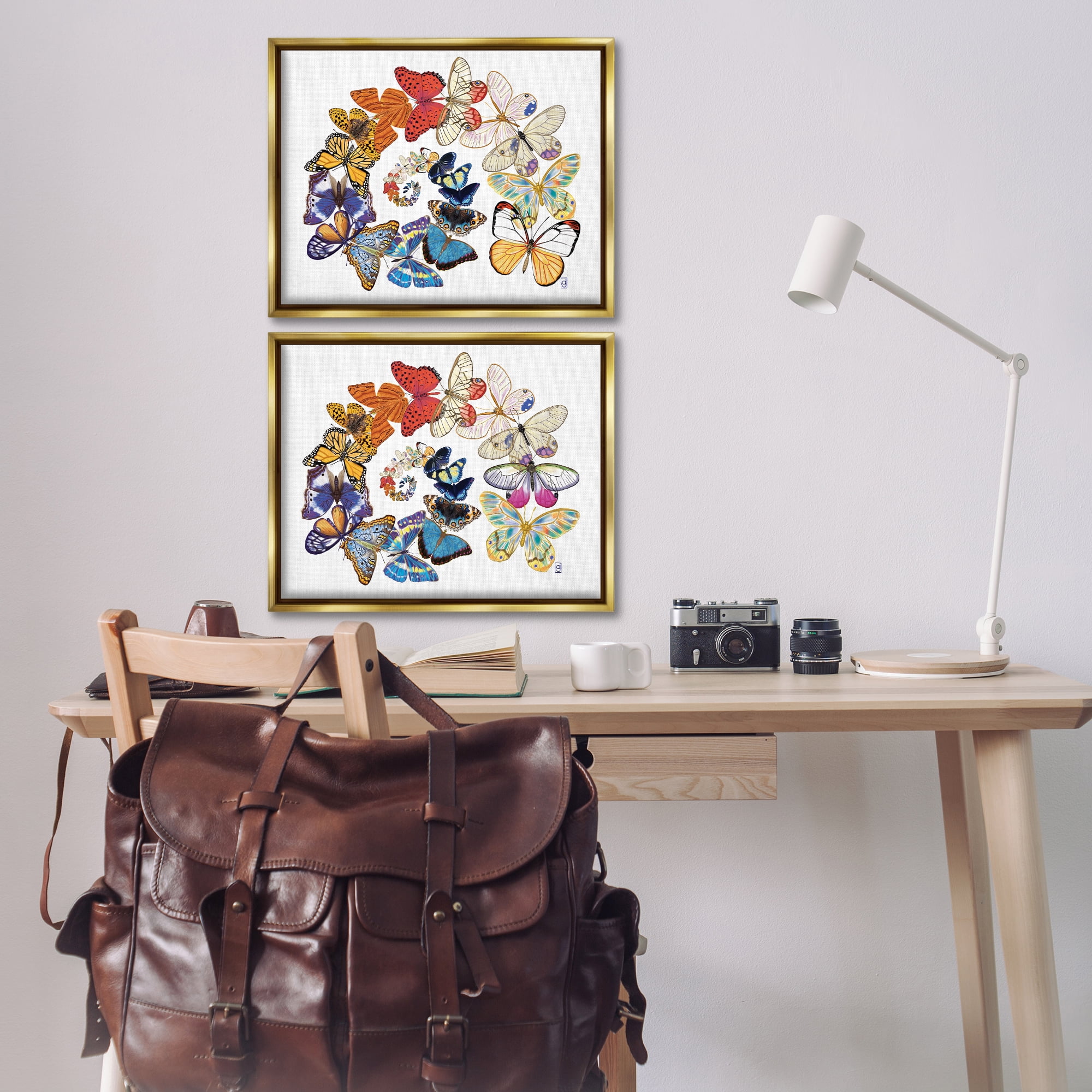 Stupell Industries Fly Away Butterfly Spirals Animals Painting Gold Floater Framed Canvas Art Print Wall Art, 21 x 17, Set of 2