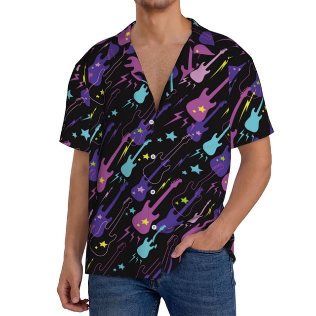 Balery Colorful Guitar Camisa Casual de Manga Corta con Botones para Hombre, Texturizada, Estilo Cubano, para Playa, Verano-Small