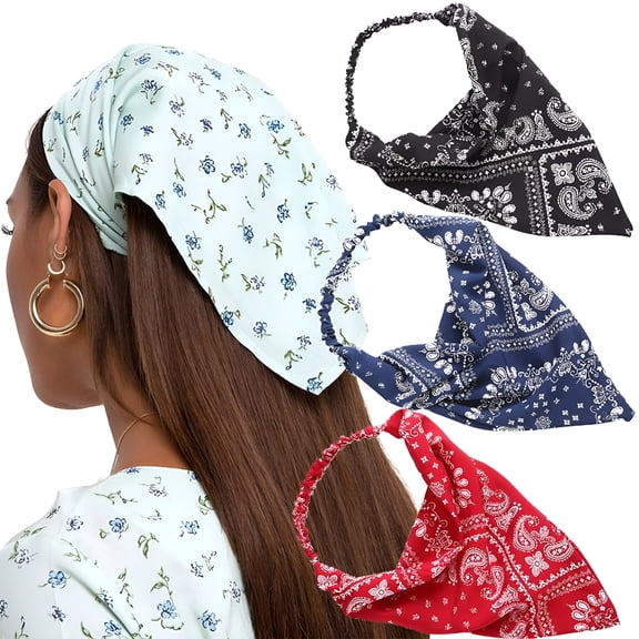 VANIDO Floral Elastic Hair Scarf Headband - 3 PCS Kerchief Headband Print Floral Hair Scarves with Hair Clips Kerchief Scarf Hair Bandanas for Women