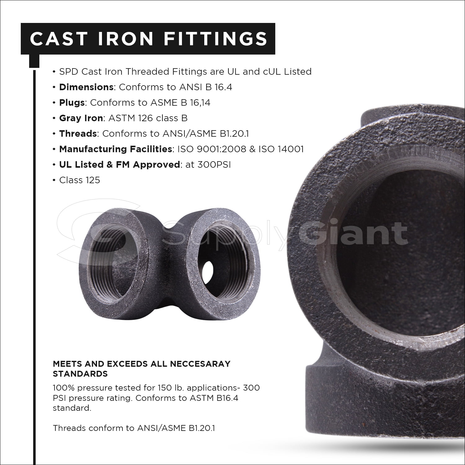Supply Giant 2" x 1" x 2" BLack Pipe Fitting Reducing Tee Cast Iron