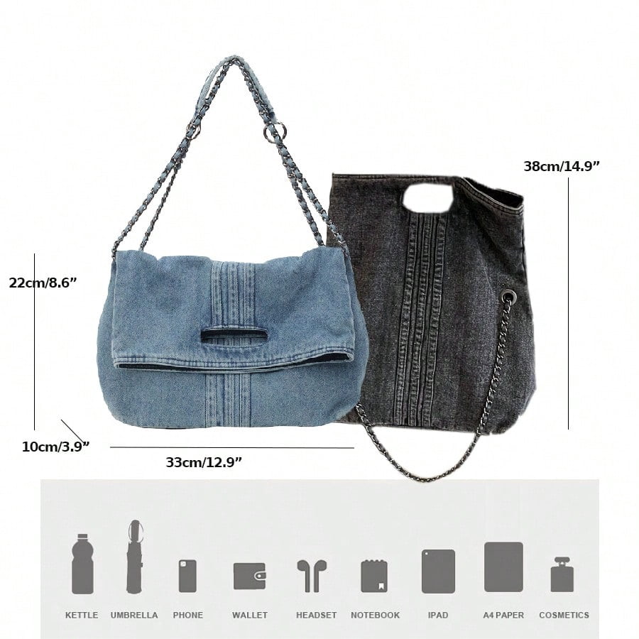 Women's Retro Denim Crossbody Bag – Large Capacity Tote Purse with Adjustable Shoulder Strap and Chain Strap, Perfect for Casual or Everyday Use 44448229