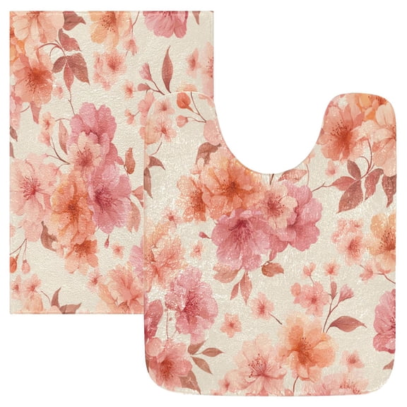 2PCS Bathroom Rug Set Non Slip Absorbent U-Shaped Toilet Mat & Rectangular Mat Peach Floral Elements