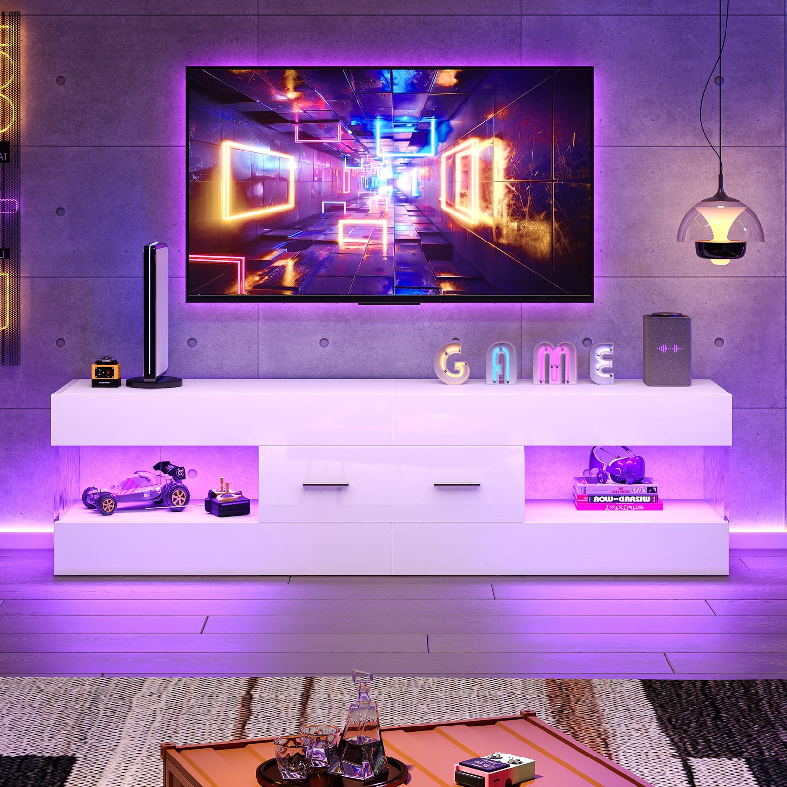 Bestier White TV Stand for TVs up to 65", Modern Entertainment Center for TVs with LED Light, High Gloss TV Console Table with Storage Drawers