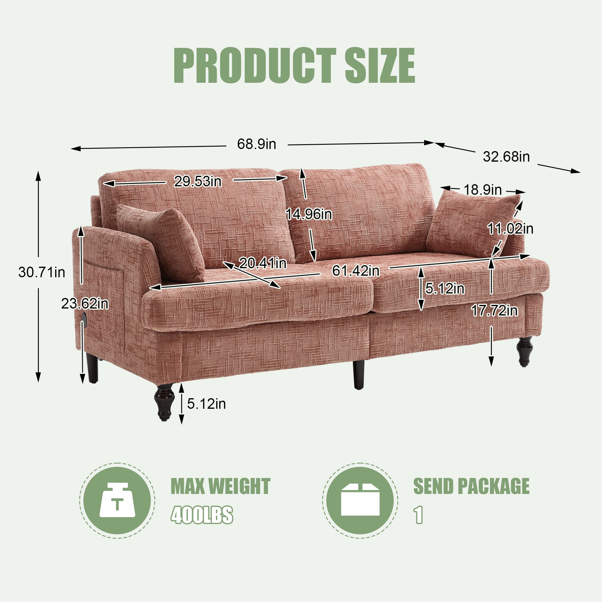 68.9" Sofa Couch,Modern 2 Seater Upholstered Loveseat Sofa Couch with LED light&USB for Living Room,Bedroom,Pink