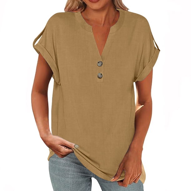 Blusas para las Mujeres Casual Verano Botón Sólido Camisa V-Cuello Blusa Suelta, Camiseta de Lino de Algodón para Acampar Al Aire Libre Y Uso Diario, Estilo Vintage