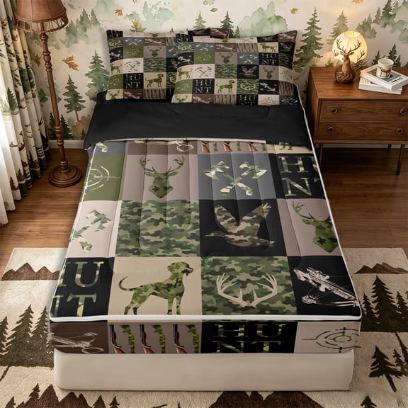 Castle Fairy Plaid Patchwork Hunting Zipper Queen Comforter Set with Fitted Sheet and 2 Pillowcases,Camo Duck Deer Zipper Bedding Set,Olive Brown Cream,Black Reversible,4 Pieces