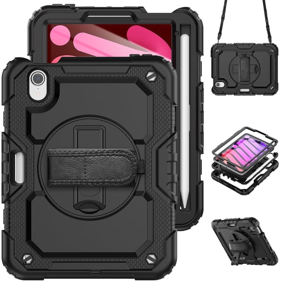 Case for iPad Mini 7 A17 Pro 2024/Mini 6 2021 8.3 Inch 7th/6th Gen with Screen Protector, 360 Degree Rotating Kickstand Hand Strap Shockproof Cover with Shoulder Strap, Black