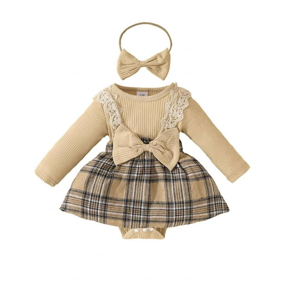 Posijego Tenue pour Bébé Fille, Robe Barboteuse à Carreaux à Manches Longues avec Nœud sur le devant, Automne Hiver, Vêtements pour Nouveau-Né avec Bandeau