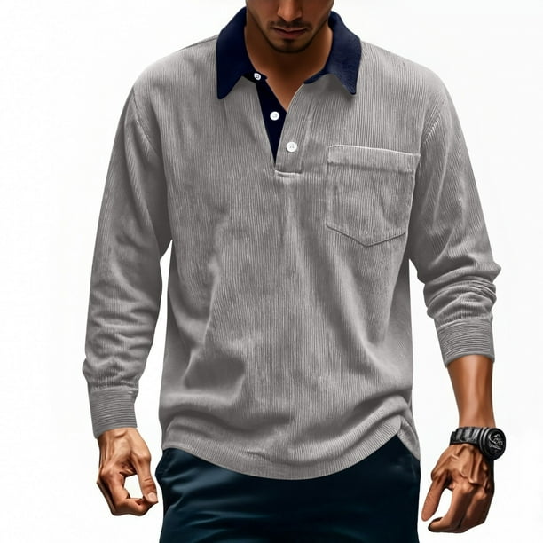 pstuiky Camisas casuales de manga larga para hombre, Camisa informal de manga larga con botones y bolsillo de pana de color liso para hombre Tops de hombre m