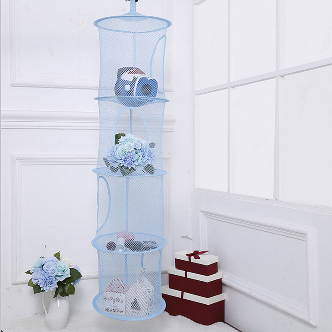 Foldable Four-storeyed Durable Bathroom Hanging Basket Cloth Breathable Mesh Toy Storage Net Bag for Kids Blue ANNA SHOP Hanging Basket 