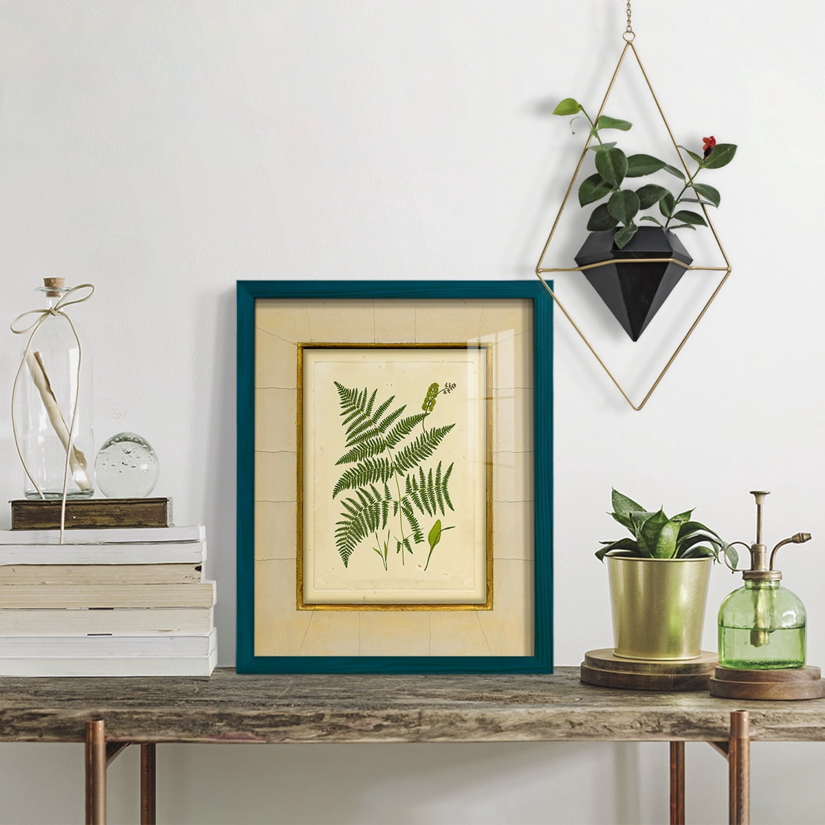 Fern with Crackle Mat (H) IV - Framed Print w/glass - Ocean Blue