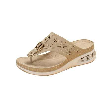 CHOII Promotion! Women s Solid Color Air Cushion Wedge Casual Beach Shoes Sandals Hollow and Breathable Flip Flops for Ladies Anti-slip Thong Sandals for Girl Slide Sandals Khaki/7.5