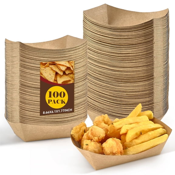 Greenpod 1lb Paper Food Trays, 100 Pack Heavy Duty Kraft Food Boats Holders Disposable Serving Basket Trays for Nachos, Fries, BBQ, Festivals, Party