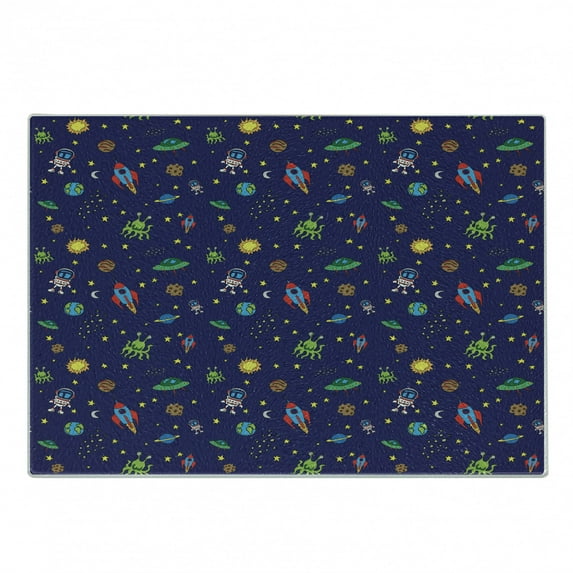 Space Cutting Board, Doodle Style Cartoon Rocket Astronaut and UFO Alien Life Forms Earth Heavenly Bodies, Decorative Tempered Glass Cutting and Serving Board, Small Size, Multicolor, by Ambesonne