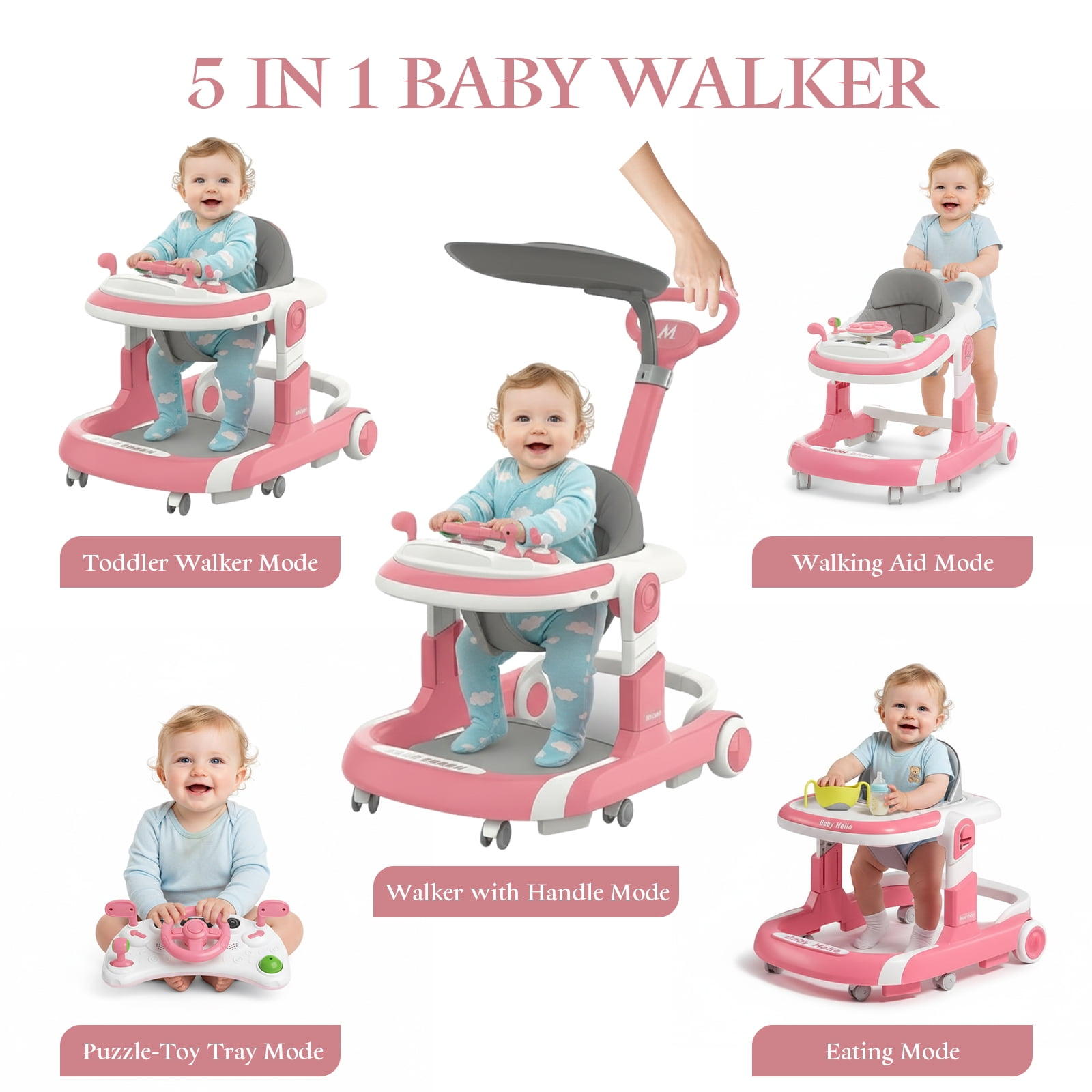 LUOLUO 5-in-1 Foldable Baby Walker with Foot Pads/Handles for Boys and Girls 6-24 Months,Height-Adjustable Push Walker, Pink