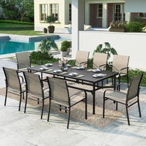 9-Piece Outdoor Patio Dining Set with Metal Steel Rectangular Table with Umbrella Hole & Textilene Chairs for 8-Person, Black & Gray-brown