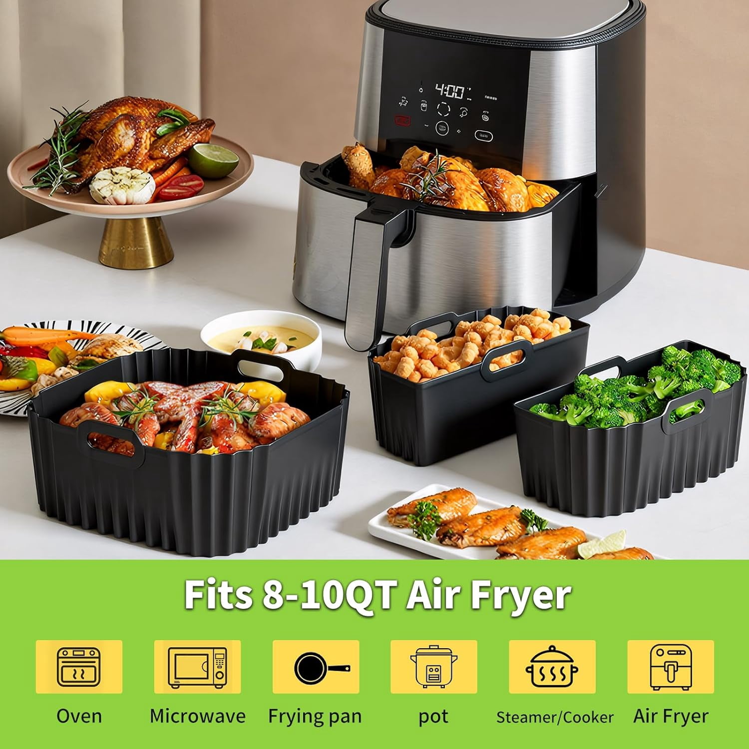 Air Fryer Silicone Liners Square for Chefman 8QT Fryer, 3 Pack Reusable Pot Baking Accessories Instant, Nuwave, Gourmia and other to 10QT Large AirFryer, 2 In 1