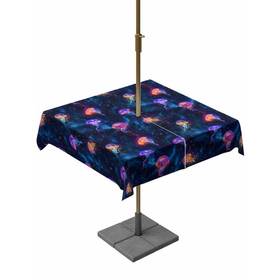 Outdoor Tablecloth with Umbrella Hole and Zipper, Jellyfish Square Table Cloth 60x60 Inch Waterproof Tablecloth, Blue Urple Orange Ocean Starry Sky Coastal Picnic Table Cover for Patio Camping
