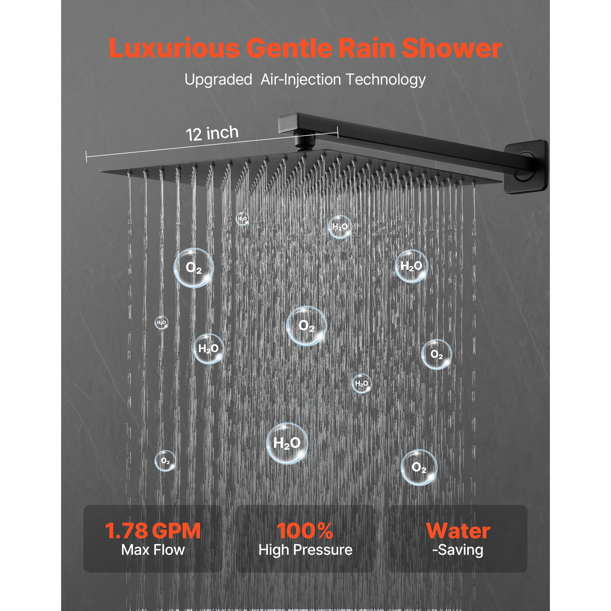 Rainfall Shower System with 12" Square Head, Handheld Spray, Brass Valve, Matte Black, for Bathroom Wall Mount