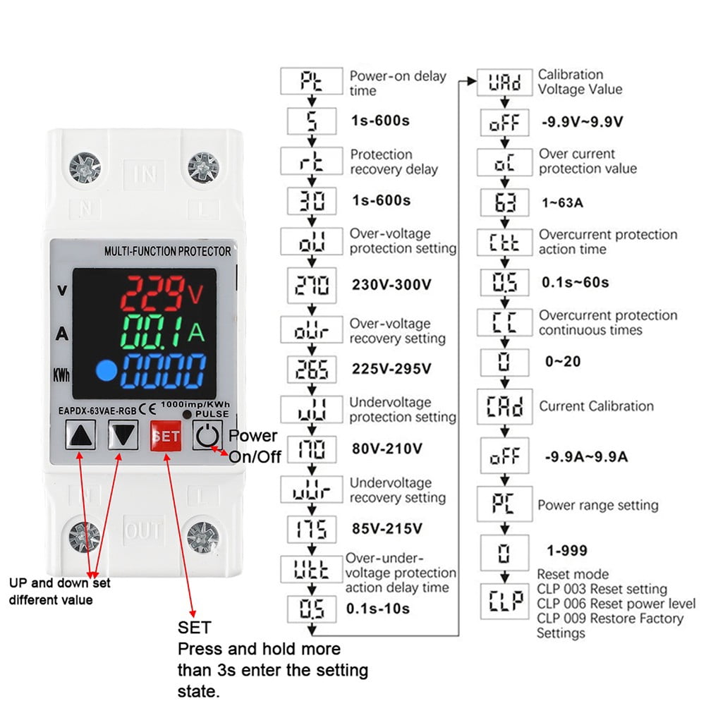 3In1 Display Din Rail Adjustable Over Voltage Current Protective Device 63A 230V