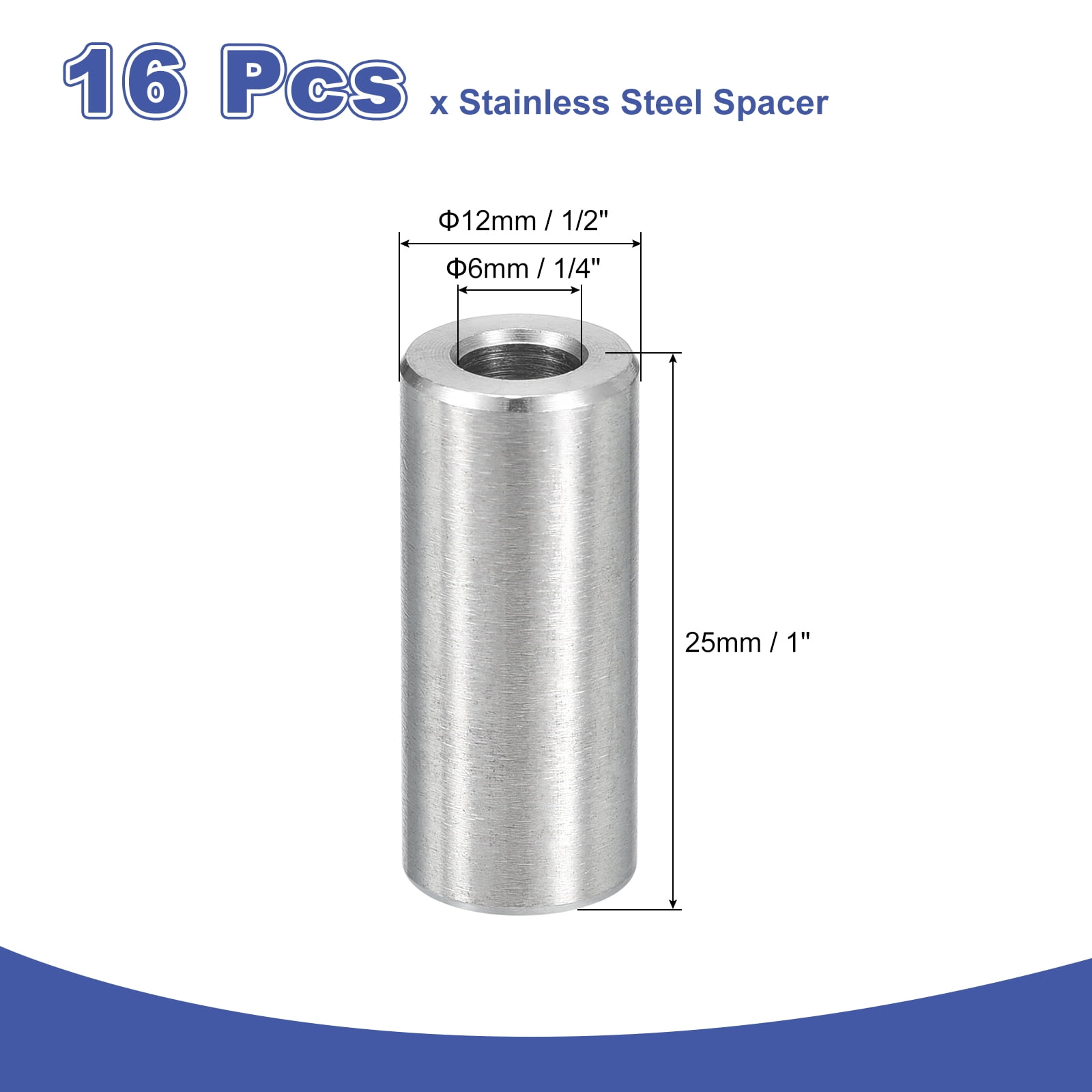 16Pcs 304 Stainless Steel Spacer 12mm OD x 6mm ID x 25mm Length for M6 Screw